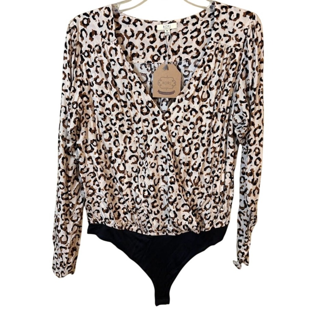 Kori America Leopard Bodysuit Womens Medium Tan Black NWT Long Sleeve Surplice